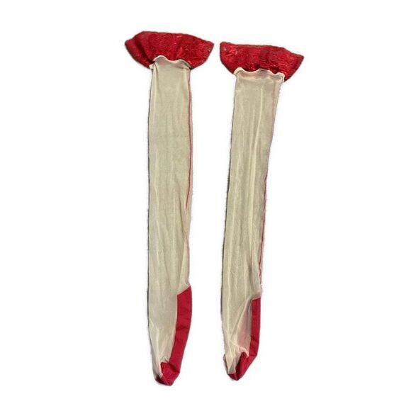 Womens Nude Beige Red Thigh High Stockings Lace Nylon Sexy Naughty - Picture 1 of 1